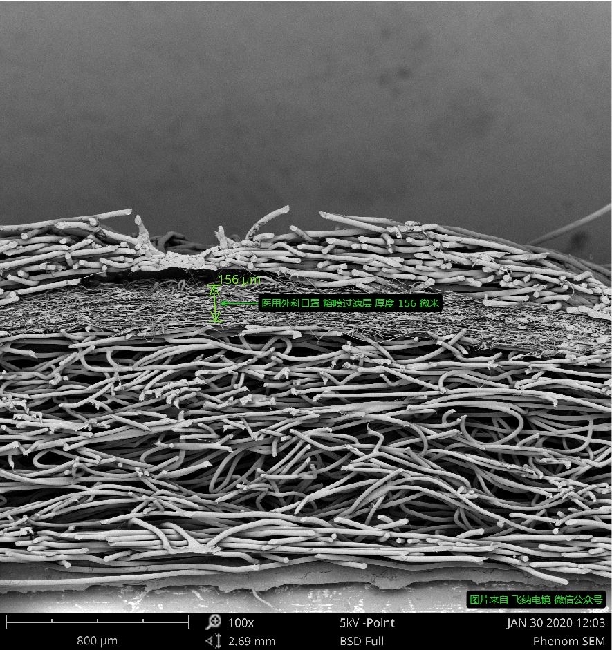 醫(yī)用外科口罩截面圖，飛納臺式掃描電鏡拍攝