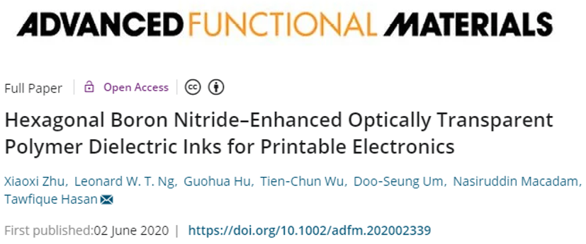 《AFM》六方氮化硼增強(qiáng)的光學(xué)透明聚合物電介質(zhì)油墨，可用于印刷電子