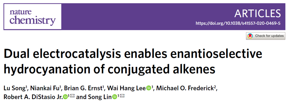 美國康奈爾大學林松團隊《自然·化學》:電驅動雙金屬催化共軛烯烴氫氰化反應