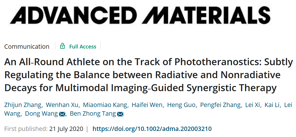 唐本忠院士/王東副教授《AM》：?jiǎn)我籄IE分子的全能光療劑，實(shí)現(xiàn)FLI‐PAI‐PTI三模成像與PDT–PTT協(xié)同治療